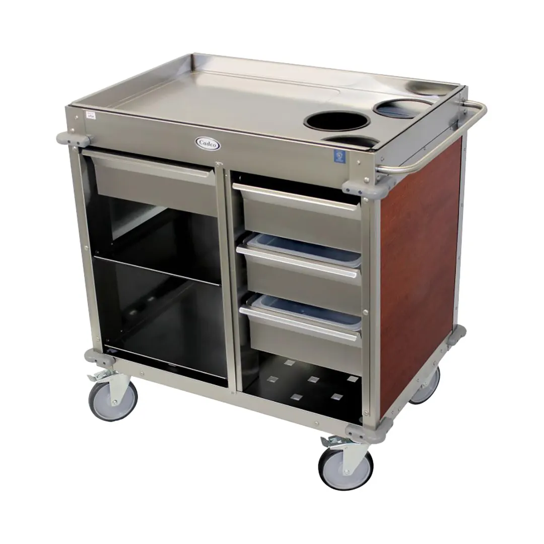Cadco BC-4-LST Stainless Steel Mobile Beverage Service Cart w/ 2 Shelves, 4 Drawers, 3 Airpot Wells