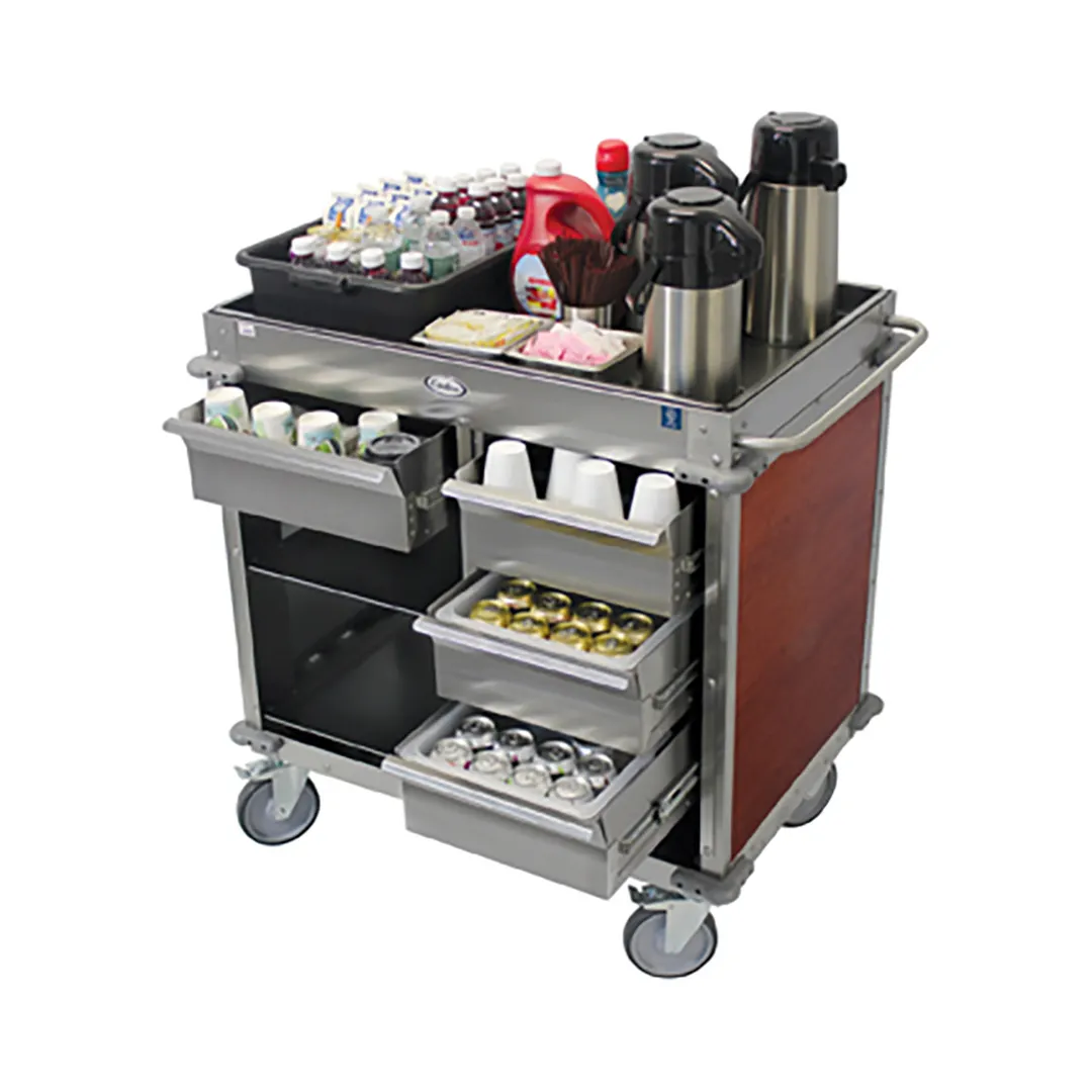 Cadco BC-4-LST Stainless Steel Mobile Beverage Service Cart w/ 2 Shelves, 4 Drawers, 3 Airpot Wells
