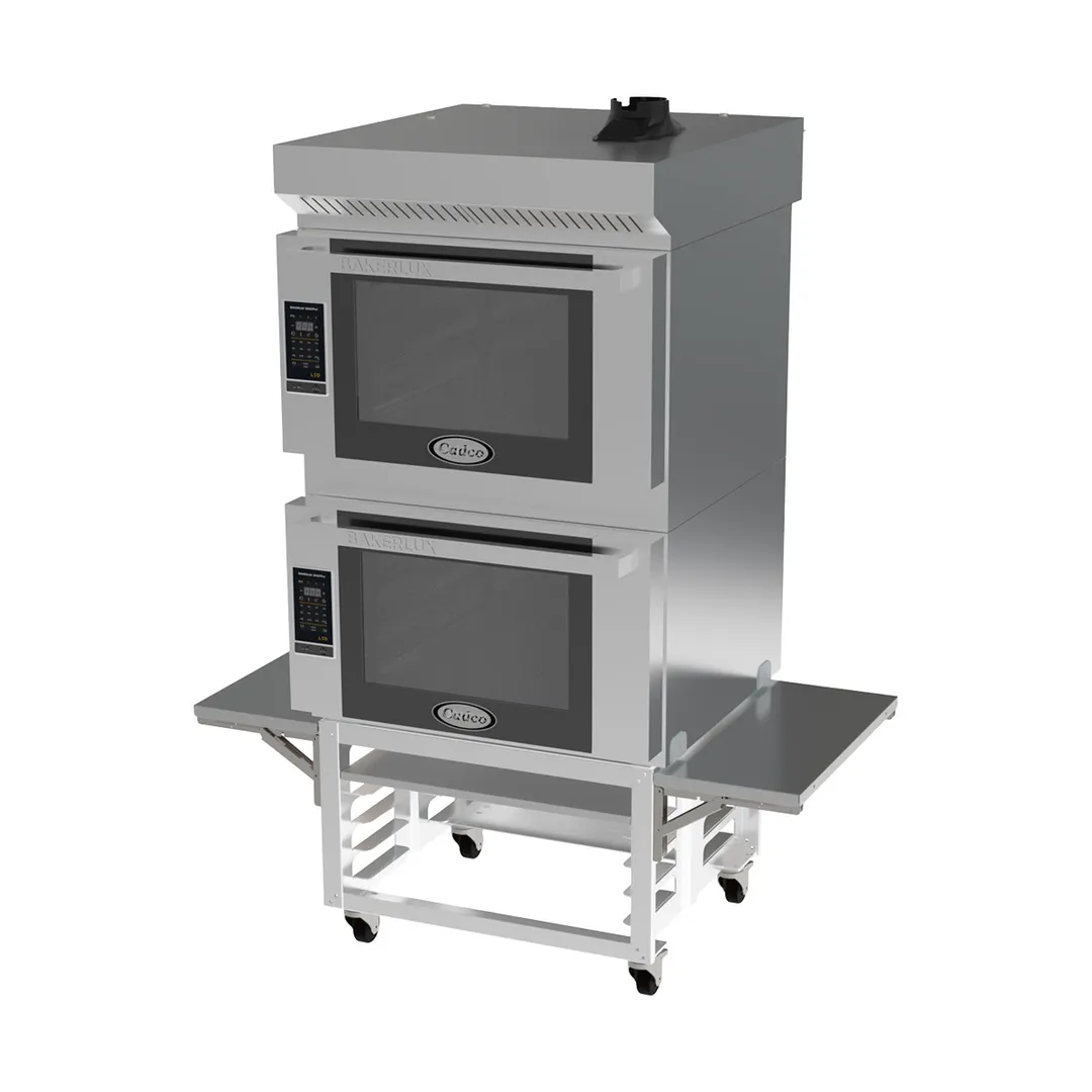 Cadco BLS-4FLD-2HP Double Electric Convection Oven, Ventless Hood, Pizza Station Stand, 208/240V