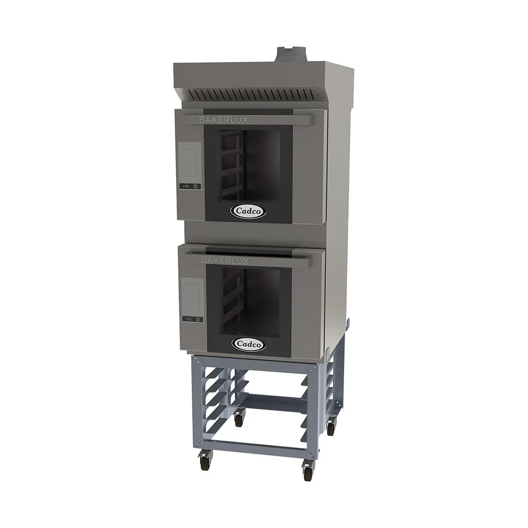 Cadco BLS-4HLD-2H Double Half Size Electric Convection Oven, 4 Shelf, Ventless Hood, Stand, LED Control