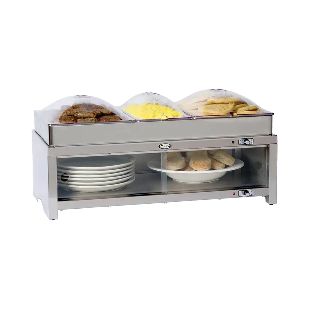 Cadco CMLB-CSLP 28" Warming Cabinet, (2) Half size and (1) Third Size Steam Pans, (3) Poly Dome Lids