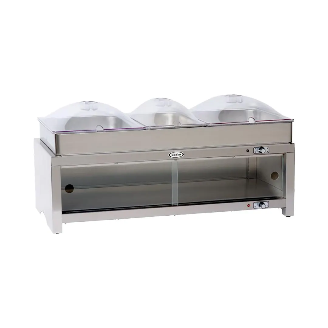 Cadco CMLB-CSLP 28" Warming Cabinet, (2) Half size and (1) Third Size Steam Pans, (3) Poly Dome Lids