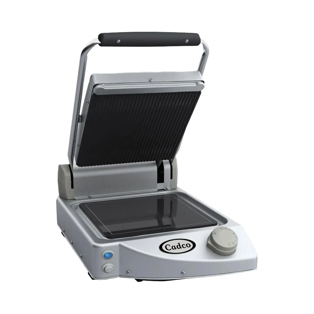 Cadco CPG-10 13" Single Glass-Ceramic Panini Grill w/ Grooved Top and Smooth Bottom Plates, 120V
