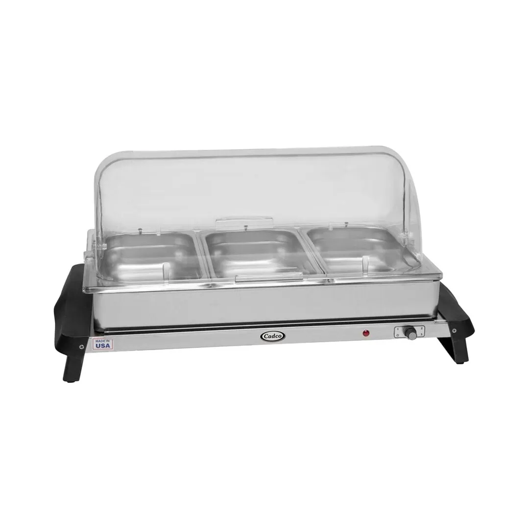 Cadco WTBS-3RT Triple Buffet Server w/ Rolltop Lid, 3 Third Size Stainless Steam Pans