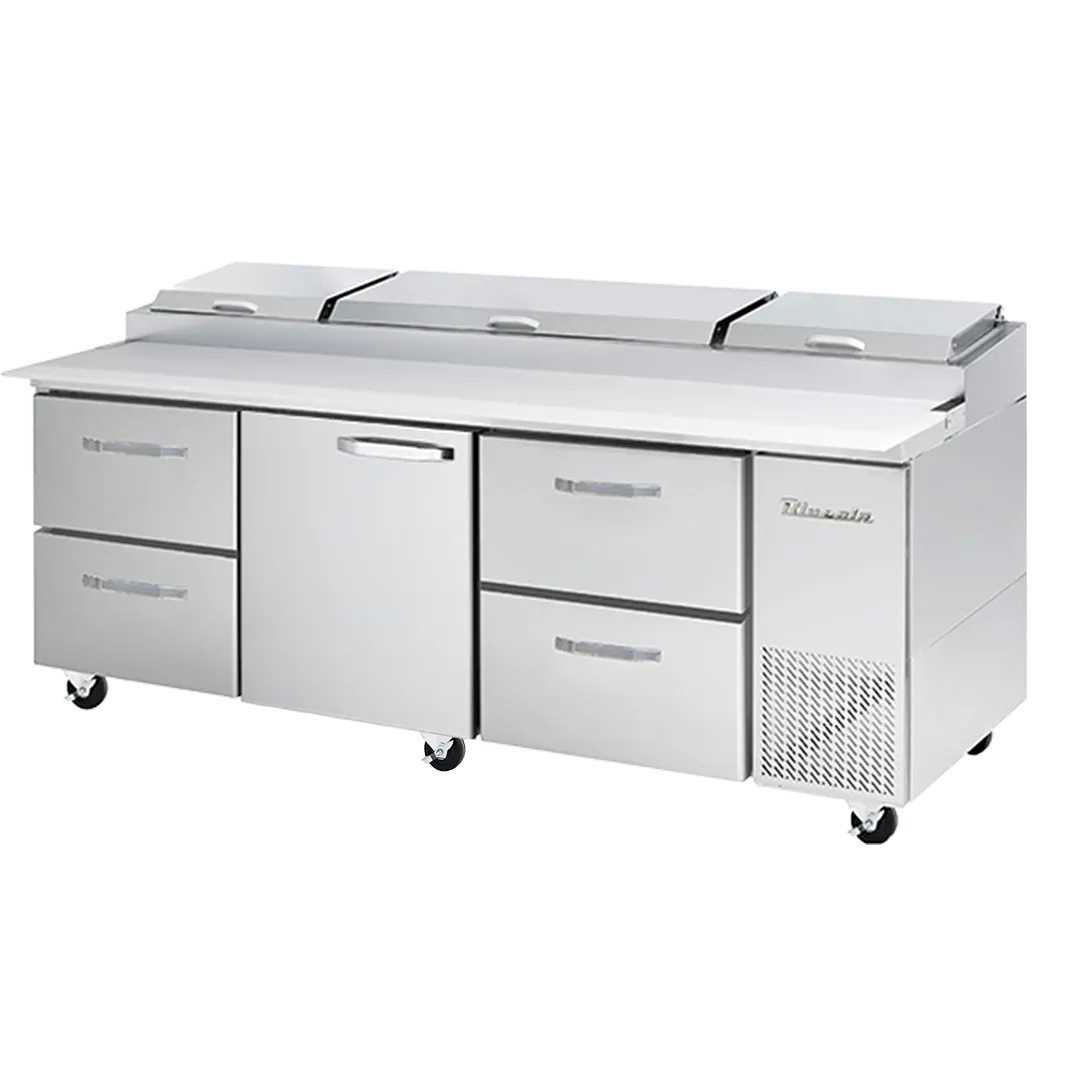 Blue Air BAPP93-D4LR-HC 93" 3-Section Refrigerated Pizza Prep Table w/ 1 Door, 4 Drawers, 12 1/3 Size Pans