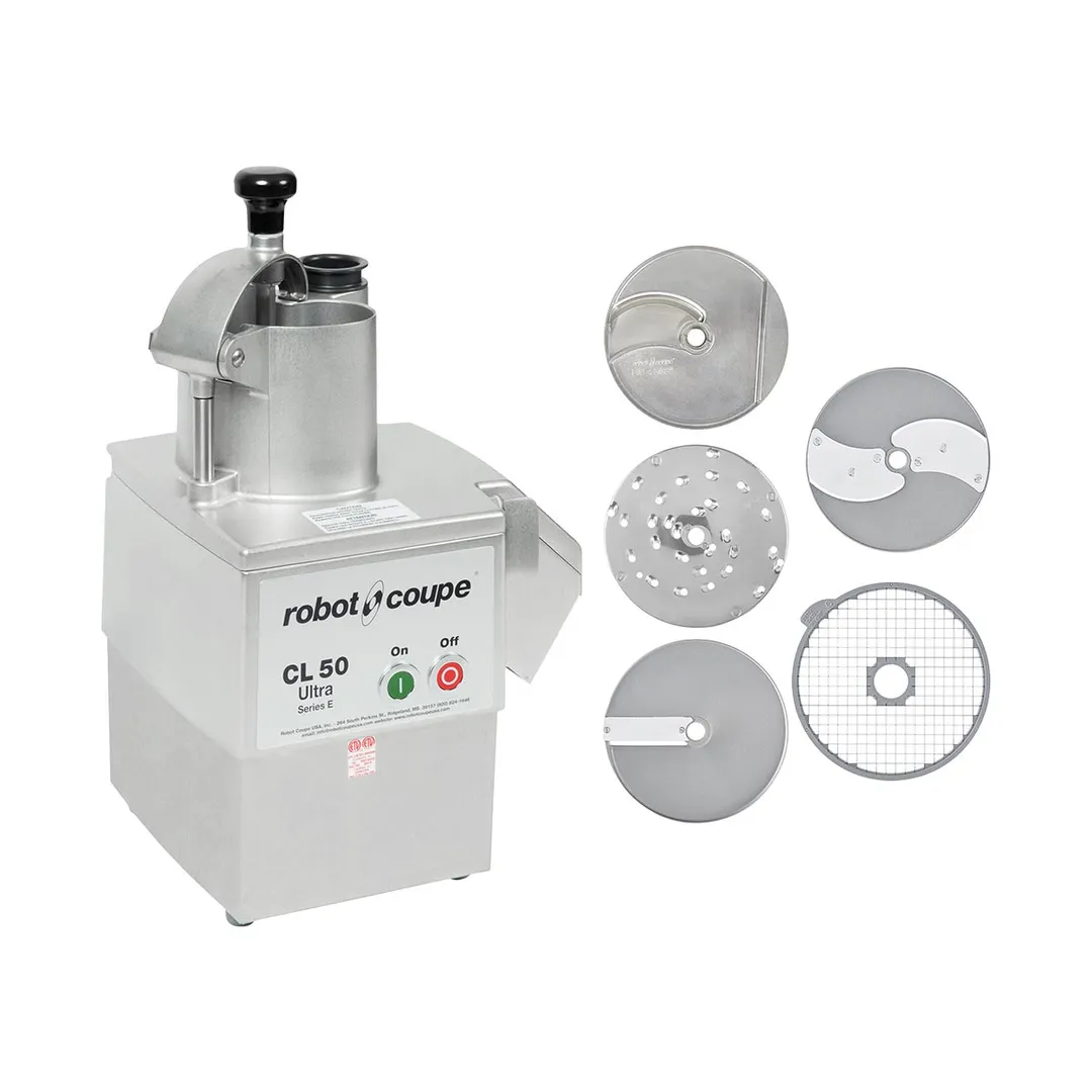 Robot Coupe CL50EULTRA5DISCS 1.5 HP 425 RPM Slicer, 3mm/6mm Slice, 3mm Grate, 10mm Dice, (2 )Hopper, 120V