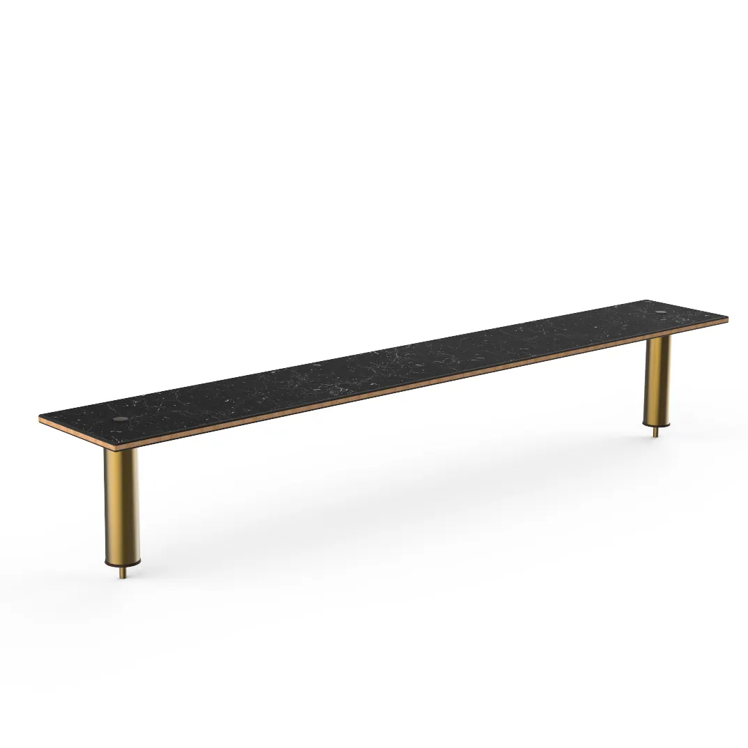 Steelite MGCIAY03MBXX 80" Wide Rectangular Buffet Table, Nero Marquina Marble BHP Laminate Top, Brushed Brass Legs