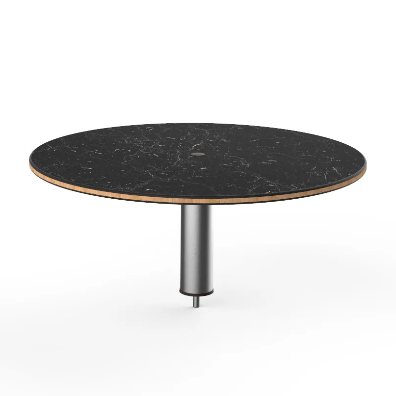 Steelite MGCIAY07MSXX 30" Round Nero Marquina Marble BHP Laminate Buffet Table, 12.5"H, Brushed Stainless Steel