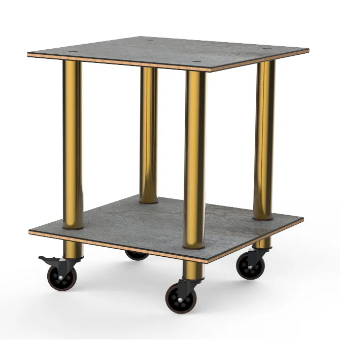 Steelite MGCMDX03GBXW 29" Square 2-Tier Buffet Table, Grey Slate BHP Laminate Top, Brushed Brass Casters