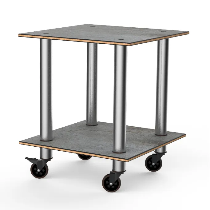 Steelite MGCMDX03GSXW 29" Square 2-Tier Buffet Table, Grey Slate BHP Laminate Top, Brushed Stainless Steel Casters