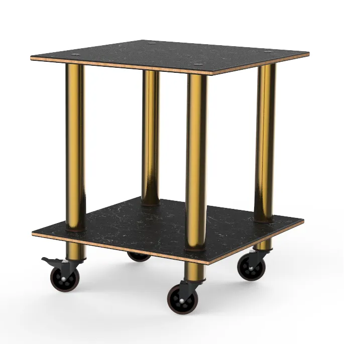 Steelite MGCMDX03MBXW 2-Tier Buffet Table, 29x29, Nero Marquina Marble BHP Laminate, Brushed Brass Casters