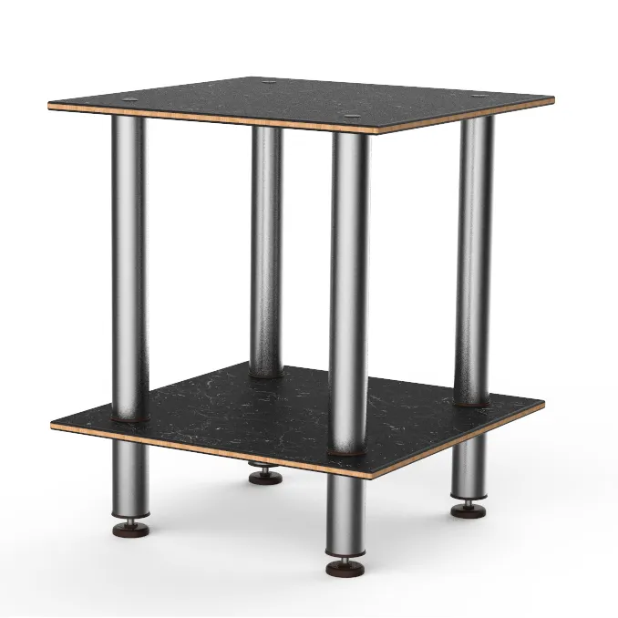 Steelite MGCMDX03MSXF 29" Square 2-Tier Buffet Table, Nero Marquina Marble BHP Laminate Top, Brushed Stainless Steel Legs