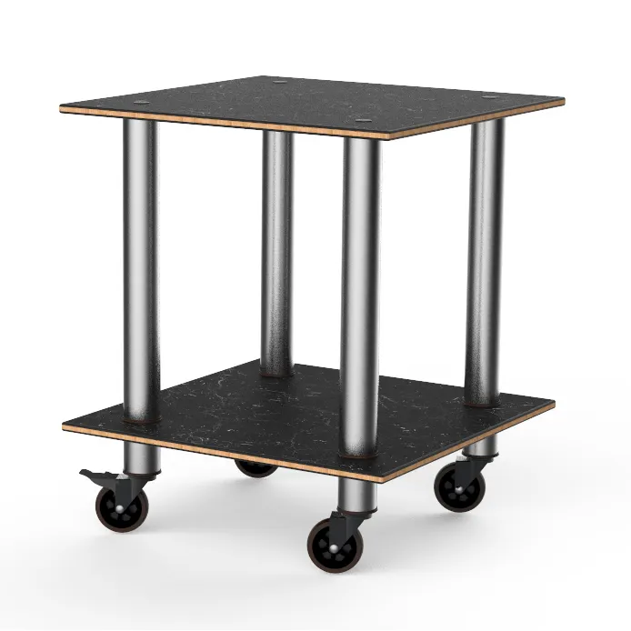 Steelite MGCMDX03MSXW 29" Square 2-Tier Buffet Table, Nero Marquina Marble BHP Laminate Top, Brushed Stainless Steel