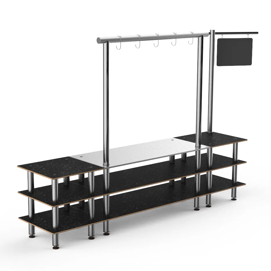 Steelite MGCMLA02MSXF 130" Configurable Buffet Table, 3-Tier, 96"H, Nero Marquina Marble BHP Laminate Top, Brushed Stainless Steel Legs