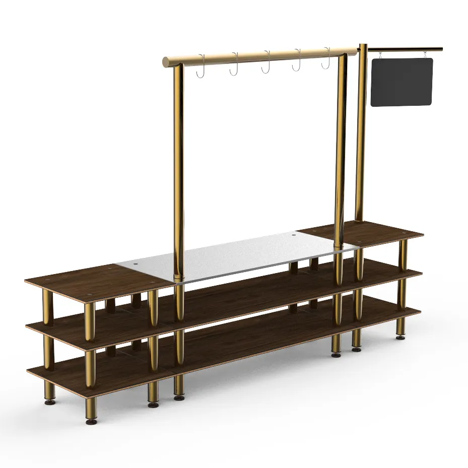Steelite MGCMLA02WBXF 130" Modular Buffet Table, 3-Tier, 96"H, Laminated Wood Top, Brushed Brass Legs
