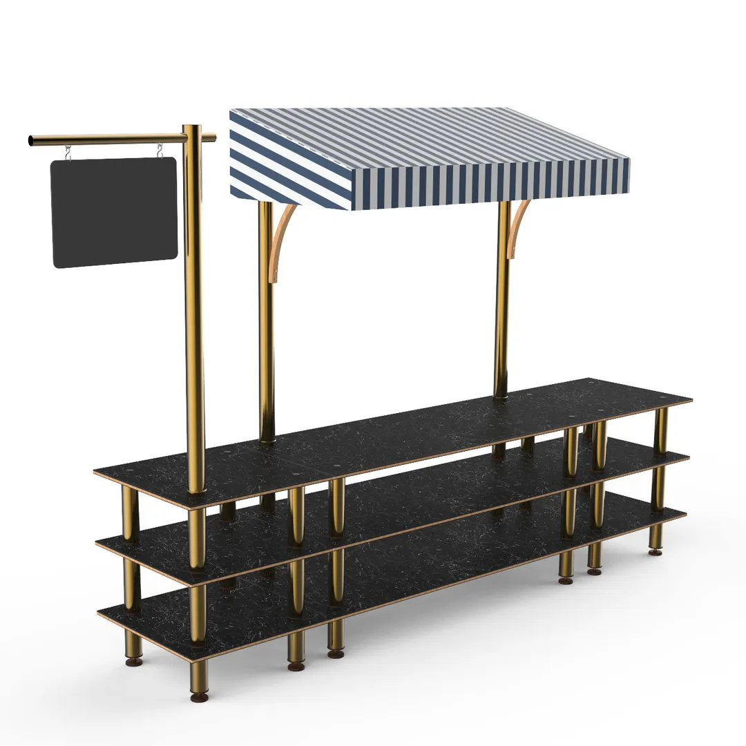 Steelite MGCMLA03MBWF Mogogo Buffet Station, 130" x 29.5" x 96"H, Nero Marquina Marble BHP Laminate Top, White/Blue Canopy, Brushed Brass Legs