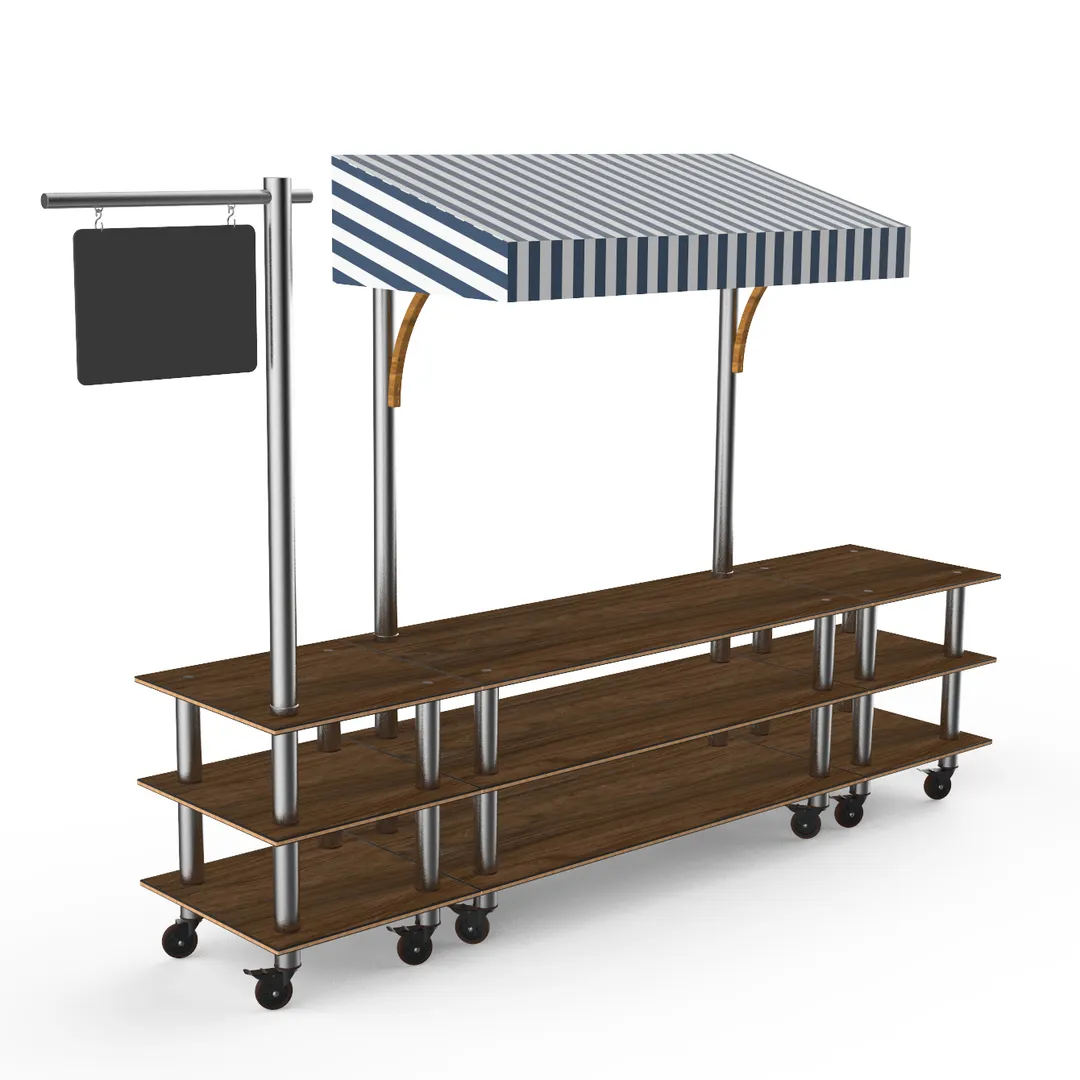 Steelite MGCMLA03WSWW Mogogo Buffet Station, 130" x 29.5", 3-Tier, Bengali Mango Wood Top, White/Blue Canopy