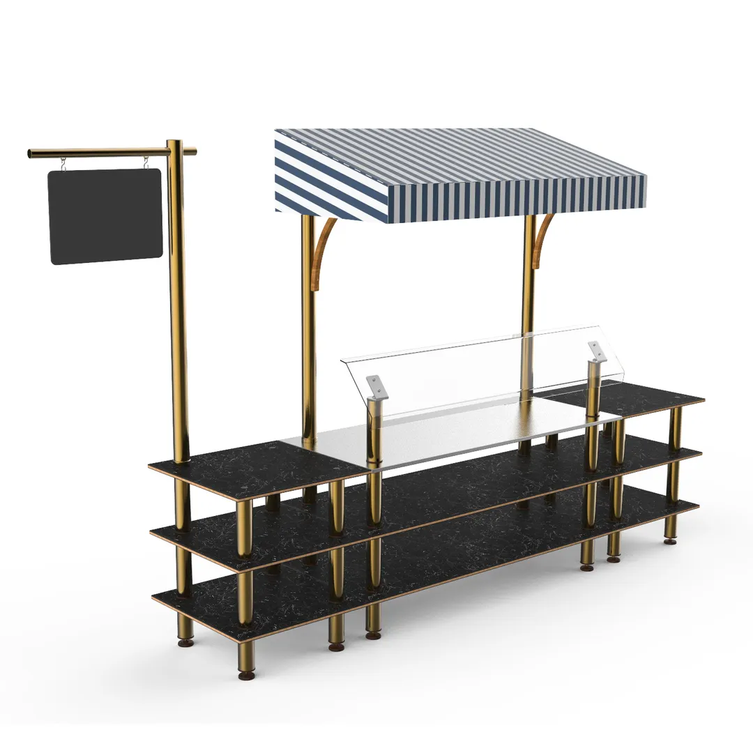 Steelite MGCMLA04MBWF 130" Configurable Buffet Table, 3-Tier, Nero Marquina Marble, Brushed Brass Finish