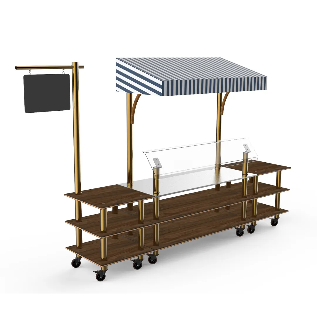 Steelite MGCMLA04WBWW Modular Classic Canopy Buffet Station, 130" x 29-1/2" x 96"H, 3-Tier, Stainless Steel, Bengali Mango Wood Top