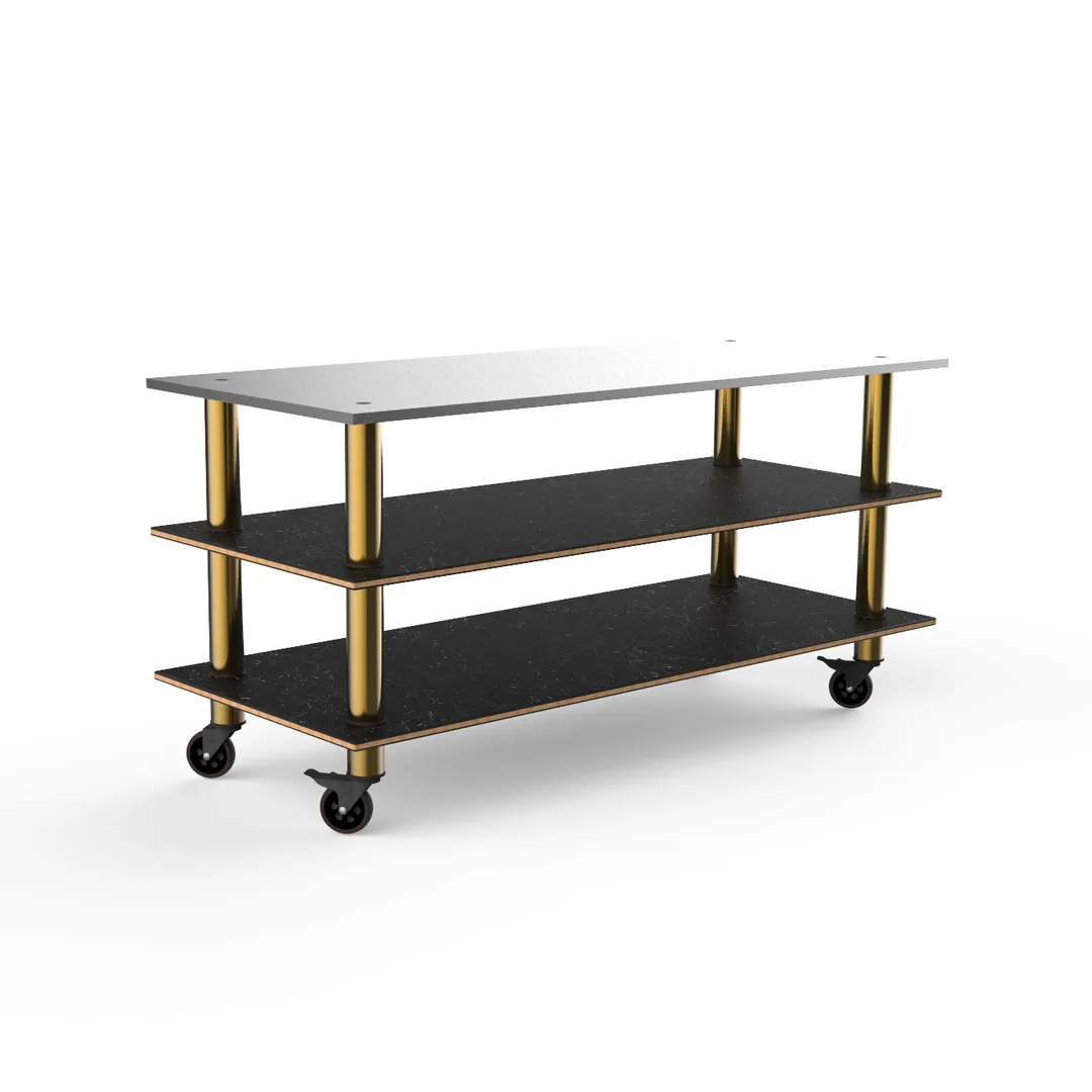Steelite MGCMLA05MBXW 71" Configurable Buffet Table, 3-Tier, 29-1/2"D x 33"H, Stainless Steel & Nero Marquina Marble BHP Laminate Top