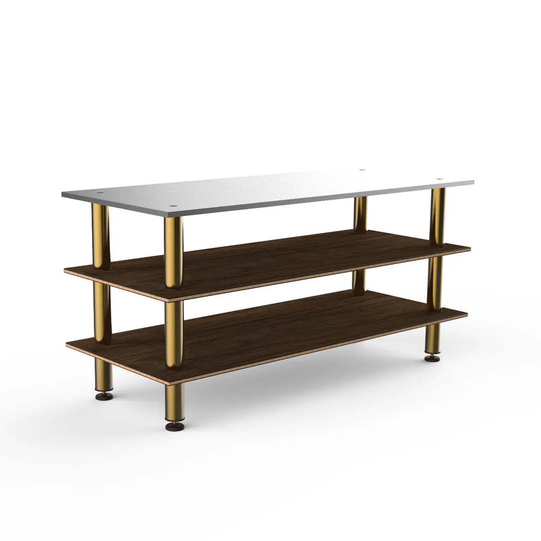 Steelite MGCMLA05WBXF 71" Modular Buffet Station, 3-Tier, Stainless Steel Top, Bengali Mango Wood BHP Laminate, Brushed Brass Legs