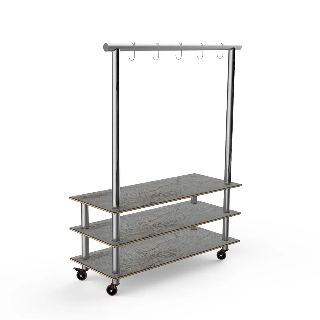 Steelite MGCMLA06GSXW 71" Configurable Buffet Table, 3-Tier, Grey Slate BHP Laminate Top, Brushed Stainless Steel