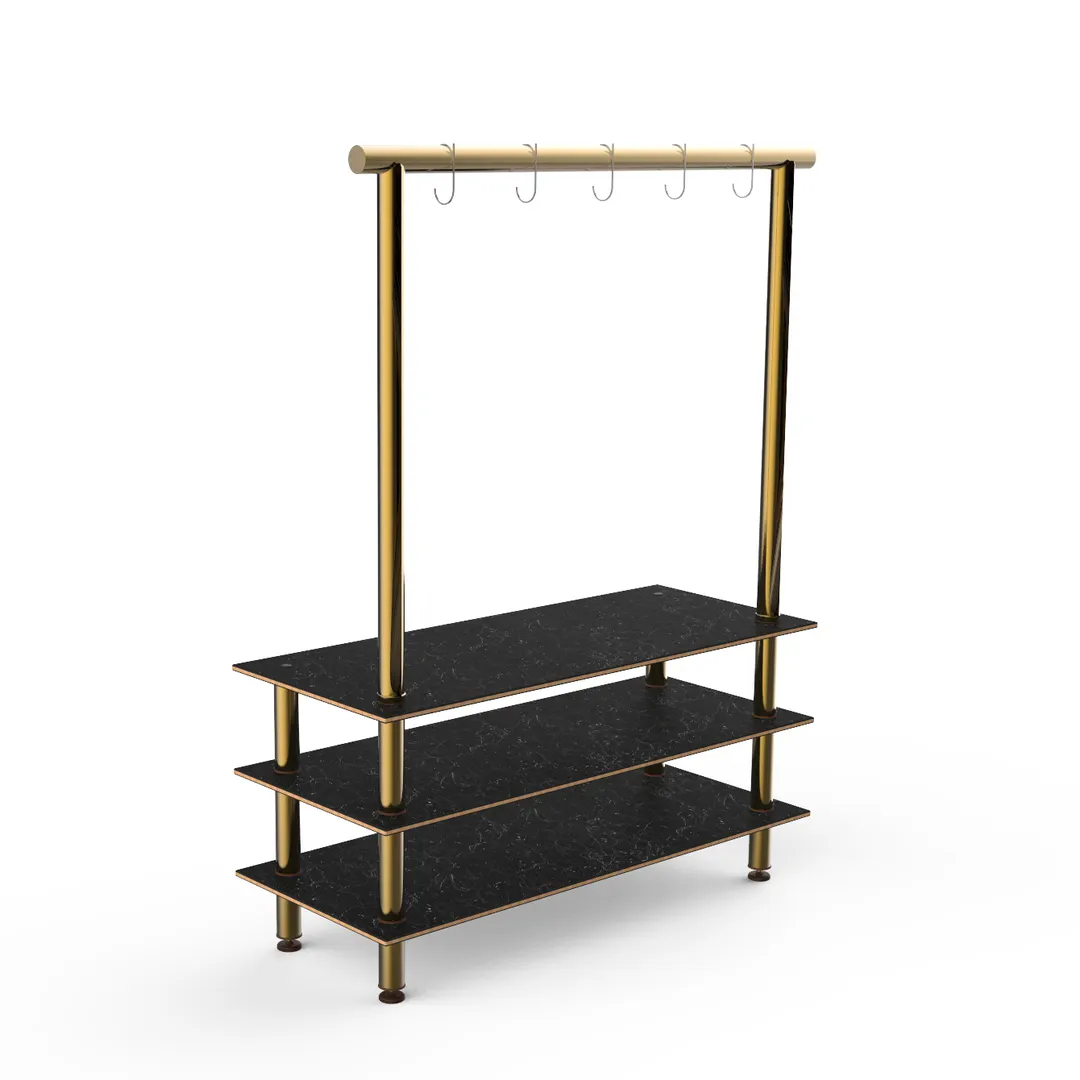 Steelite MGCMLA06MBXF 71" Modular Classic Arch Buffet Table, 3-Tier, Nero Marquina Marble BHP Laminate Top, Brushed Brass Legs