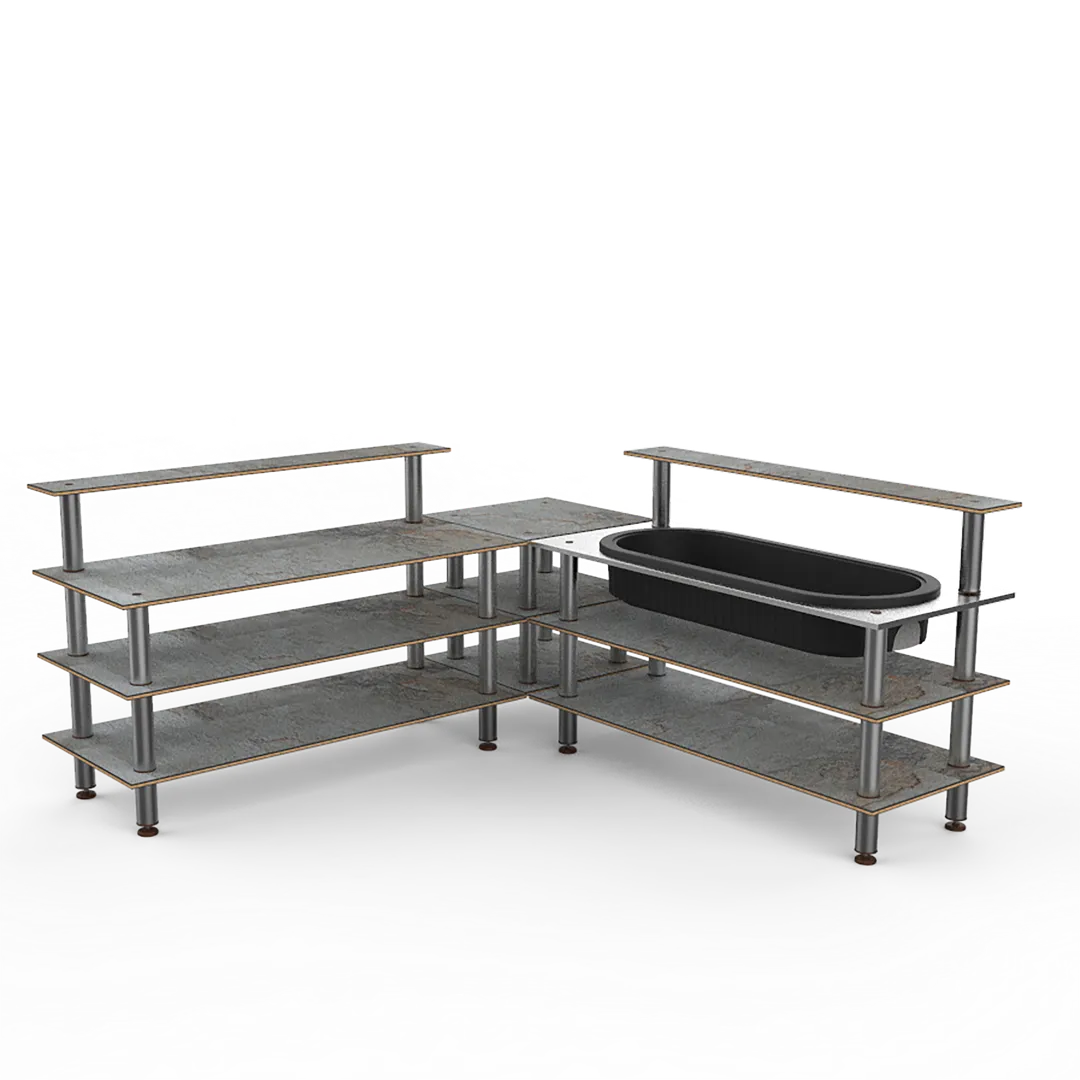 Steelite MGCMLB01GSXF 100" Modular Buffet Corner Station, 3-Tier, Stainless Steel & Grey Slate Laminate Top