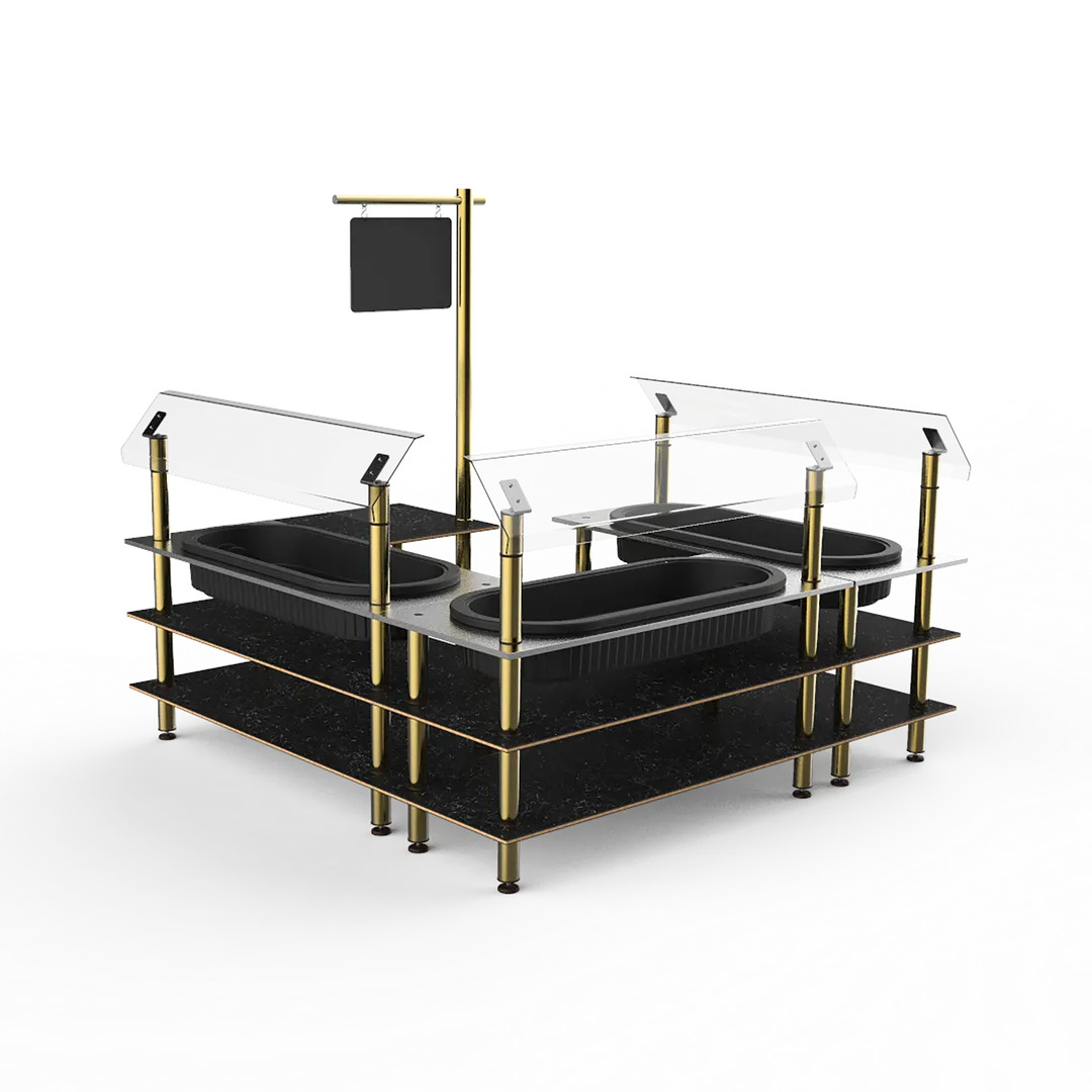 Steelite MGCMLB03MBXF 3-Tier Configurable Buffet Table, 100x100, Nero Marquina Marble BHP Laminate, Stainless Steel Tops