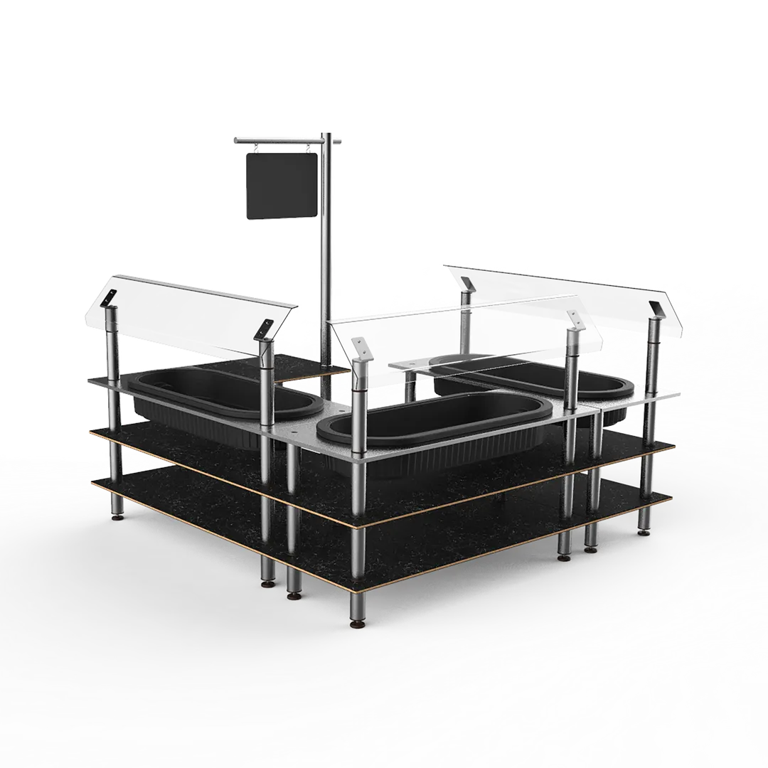 Steelite MGCMLB03MSXF 3-Tier Buffet Station, 100x100, Nero Marquina Marble BHP Laminate, Stainless Steel Tops, Insulated Ice Bin