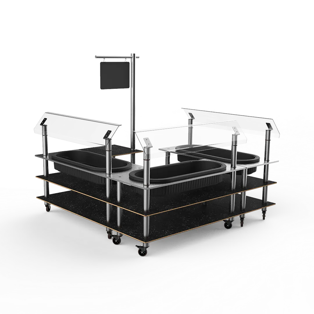 Steelite MGCMLB03MSXW 100"W x 100"D x 94"H Configurable Buffet Table, 3-Tier, Nero Marquina Marble BHP Laminate