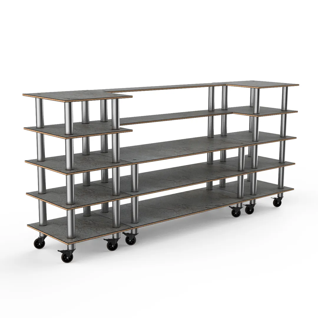Steelite MGCMLB04GSXW 130" Configurable Buffet Table, 5-Tier, Grey Slate BHP Laminate Top, Brushed Stainless Steel