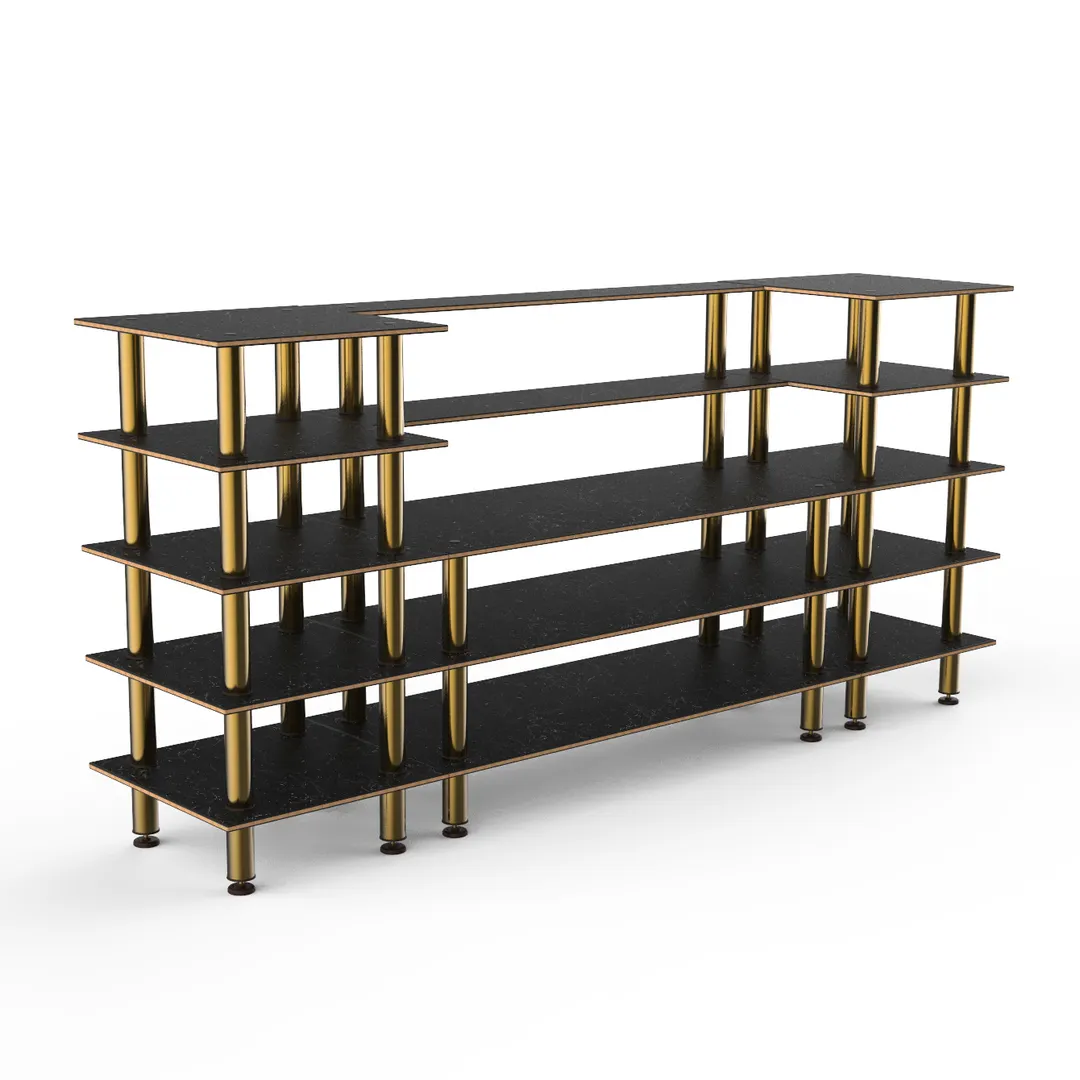 Steelite MGCMLB04MBXF 130" Configurable Buffet Table, 5-Tier, Nero Marquina Marble BHP Laminate Top, Brushed Brass Legs