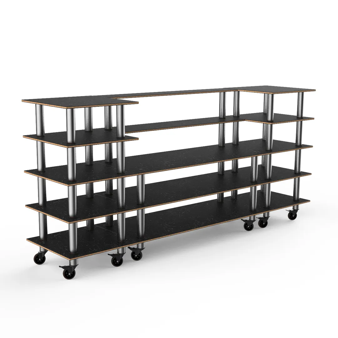 Steelite MGCMLB04MSXW 130" Configurable Buffet Table, 5-Tier, Nero Marquina Marble BHP Laminate Top, Brushed Stainless Steel