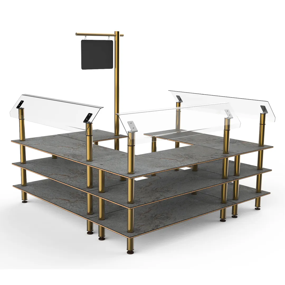 Steelite MGCMLB06GBXF 3-Tier Buffet Station, 100x100, Grey Slate BHP Laminate, Brushed Brass Legs