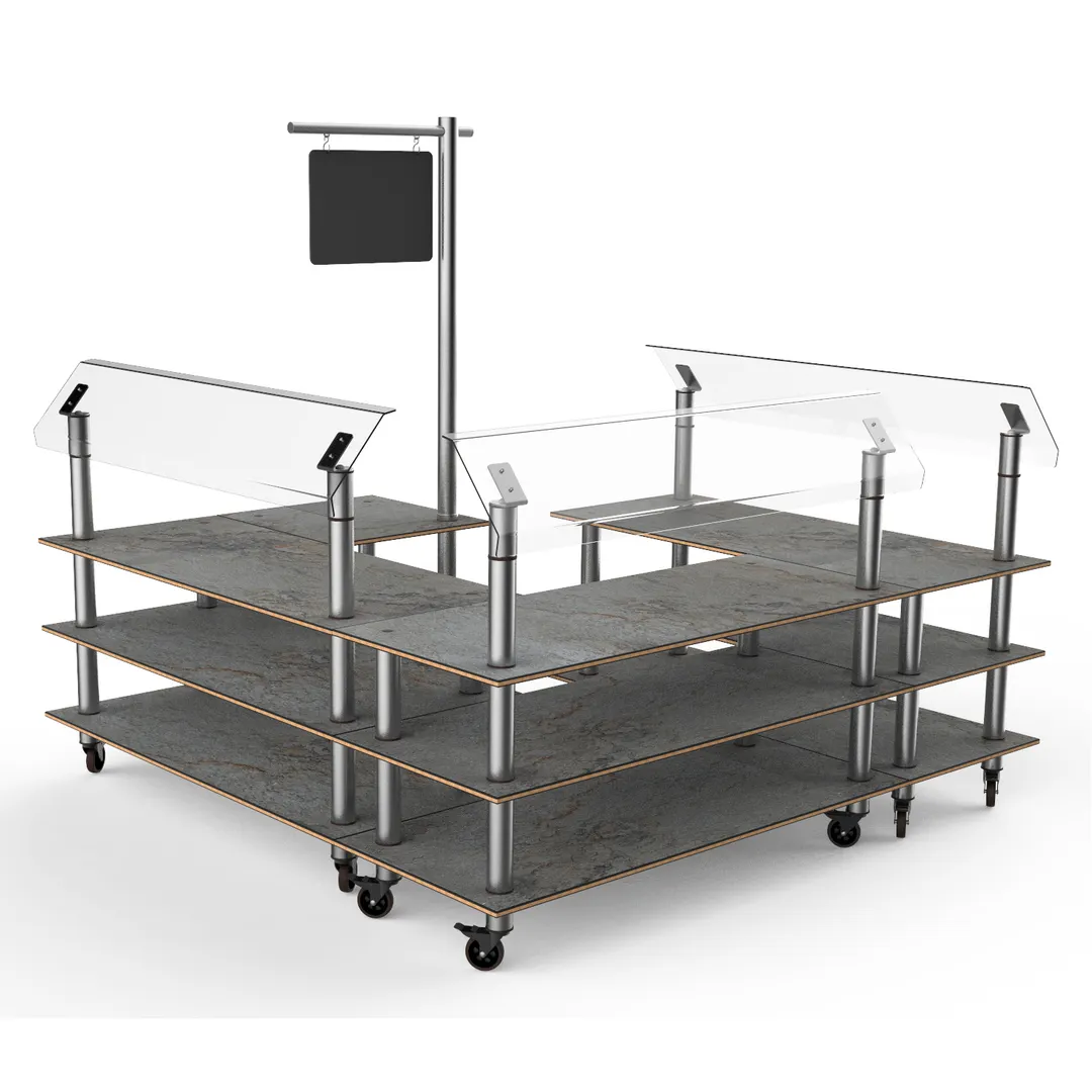 Steelite MGCMLB06GSXW 3-Tier Buffet Station, 100x100, Grey Slate BHP Laminate, Brushed Stainless Steel