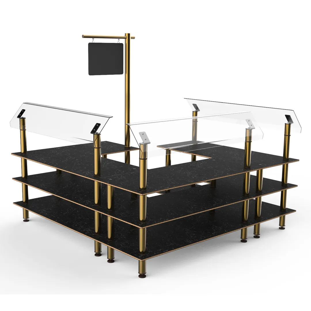 Steelite MGCMLB06MBXF 3-Tier Buffet Station, 100x100, Nero Marquina Marble BHP Laminate, Brushed Brass Legs