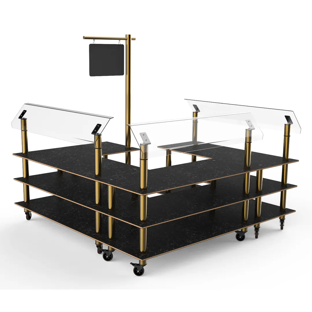 Steelite MGCMLB06MBXW 100" Rectangular Buffet Table, 3-Tier, Nero Marquina Marble BHP Laminate, Brushed Brass Casters