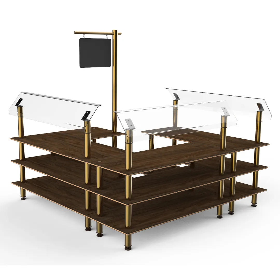 Steelite MGCMLB06WBXF 3-Tier Buffet Station, 100x100, Bengali Mango Wood Top, Brushed Brass Legs