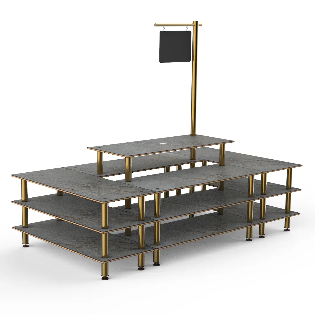 Steelite MGCMLB07GBXF 130" x 71" x 107"H 4-Tier Buffet Table, Grey Slate BHP Laminate Top, Brushed Brass Legs