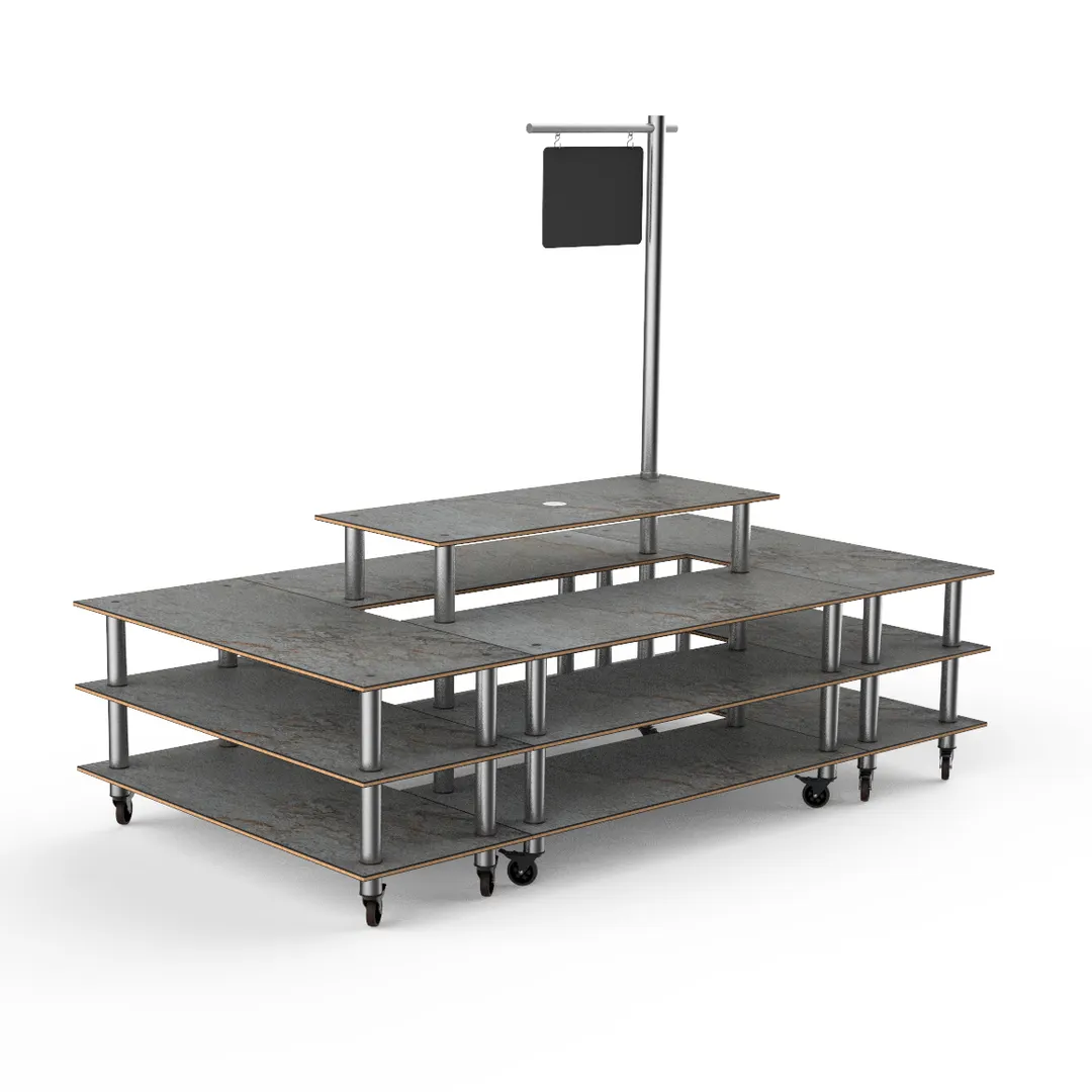 Steelite MGCMLB07GSXW 130" x 71" x 107"H 4-Tier Buffet Table, Grey Slate BHP Laminate Top, Brushed Stainless Steel Casters