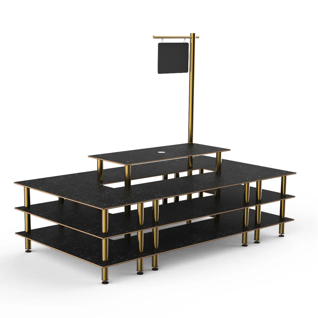 Steelite MGCMLB07MBXF 130" x 71" x 107"H 4-Tier Rectangular Buffet Table, Nero Marquina BHP Laminate Top, Brushed Brass Legs