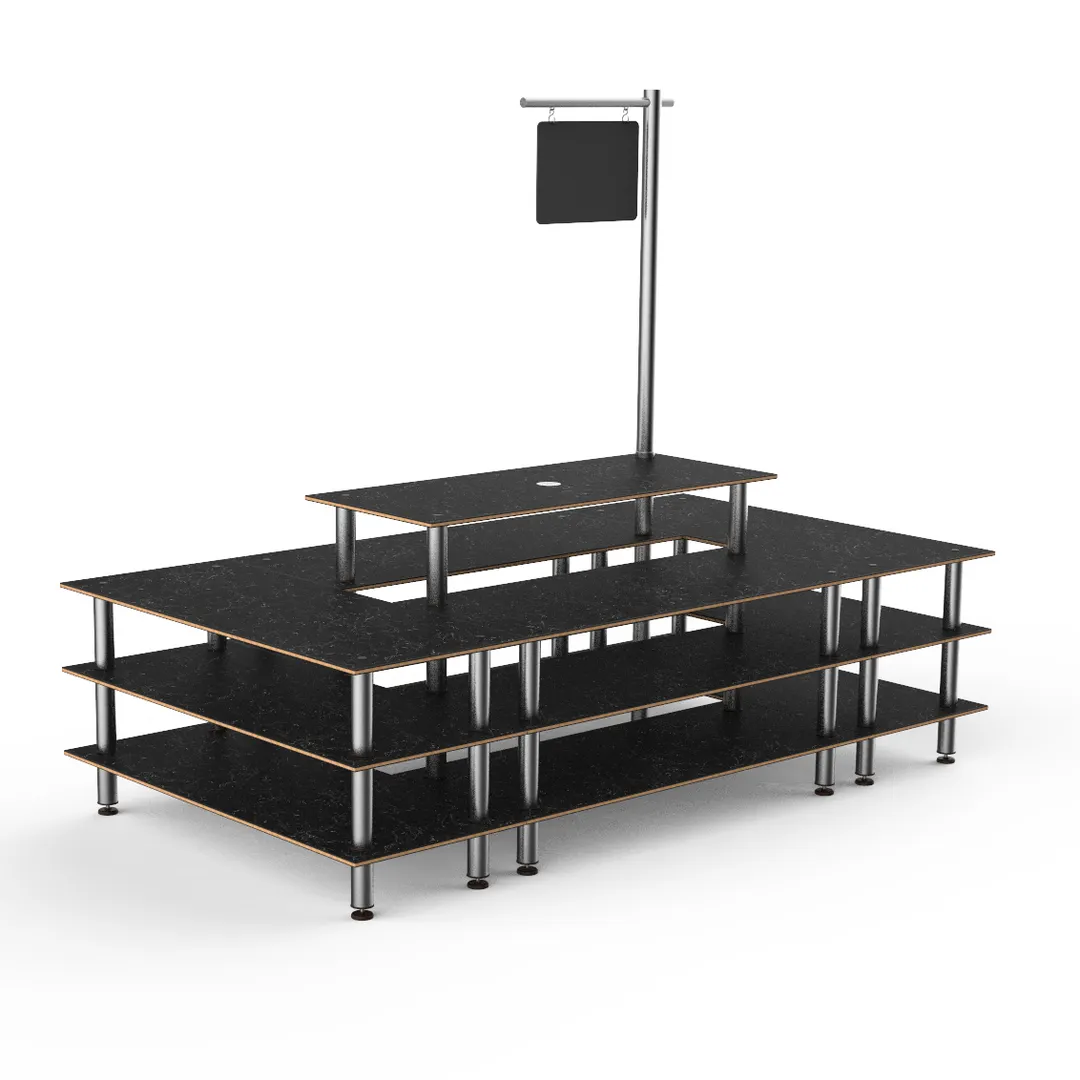 Steelite MGCMLB07MSXF 130" x 71" x 107"H 4-Tier Buffet Table, Nero Marquina BHP Laminate, Bamboo Core, Brushed Stainless Steel