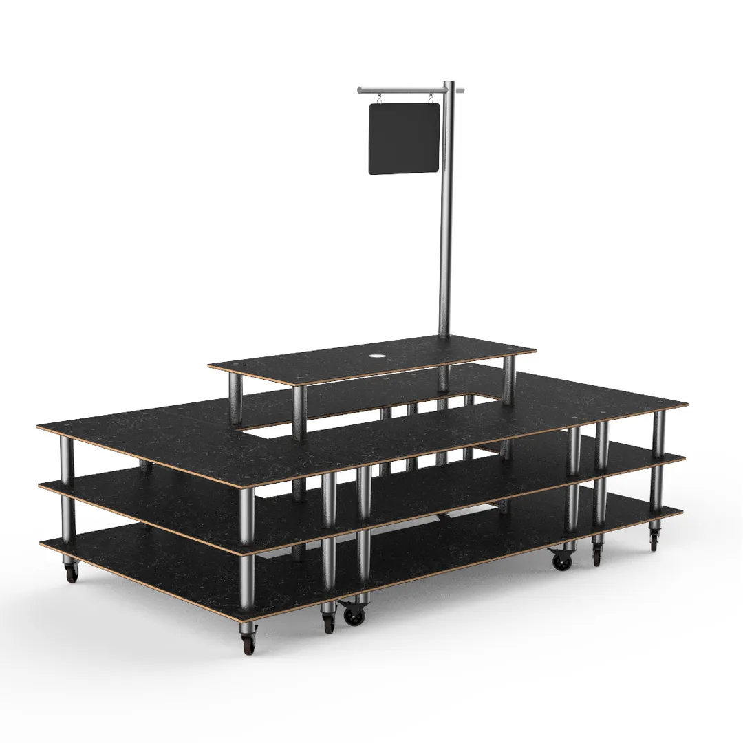 Steelite MGCMLB07MSXW 130" x 71" x 107"H 4-Tier Rectangular Buffet Table, Nero Marquina BHP Laminate Top, Brushed Stainless Steel Casters