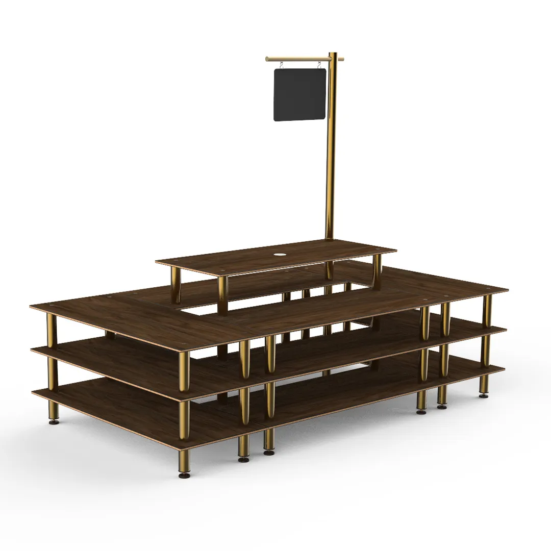 Steelite MGCMLB07WBXF 130" x 71" x 107"H 4-Tier Rectangular Buffet Table, Bengali Mango Wood BHP Laminate Top, Brushed Brass Legs