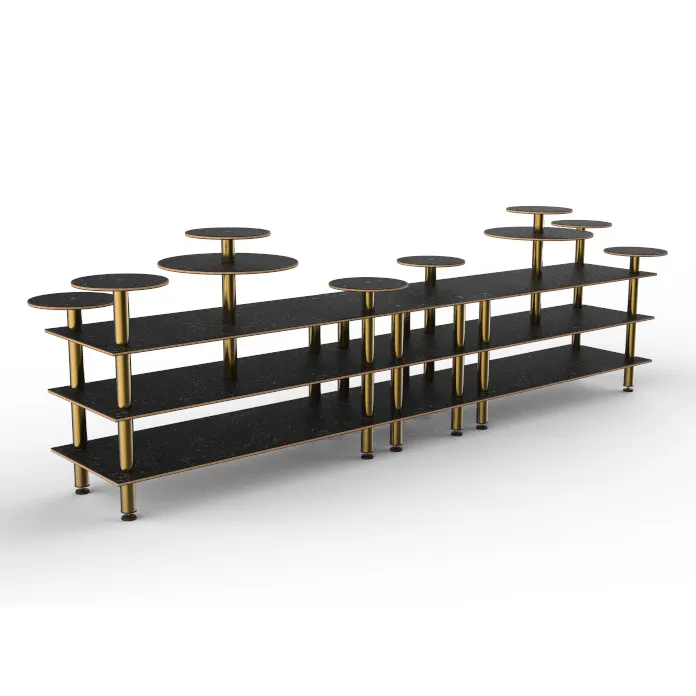 Steelite MGCMLB08MBXF 3-Tier Buffet Station, 180" x 38" x 54", Nero Marquina BHP Laminate, Brushed Brass
