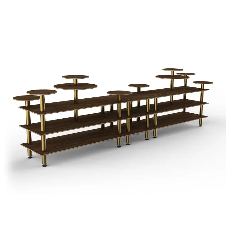 Steelite MGCMLB08WBXF 3-Tier Buffet Station, 180-1/2" x 38" x 54"H, Bengali Mango Wood BHP Laminate Top, Brushed Brass Legs