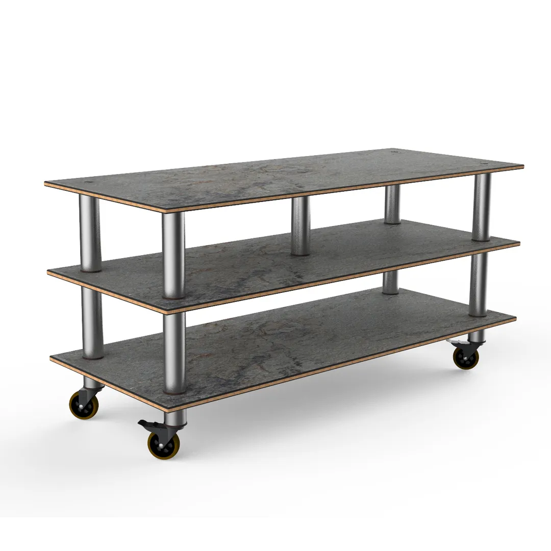 Steelite MGCMLB09GSXW 71" Configurable Buffet Table, 3-Tier, Grey Slate BHP Laminate Top, Brushed Stainless Steel