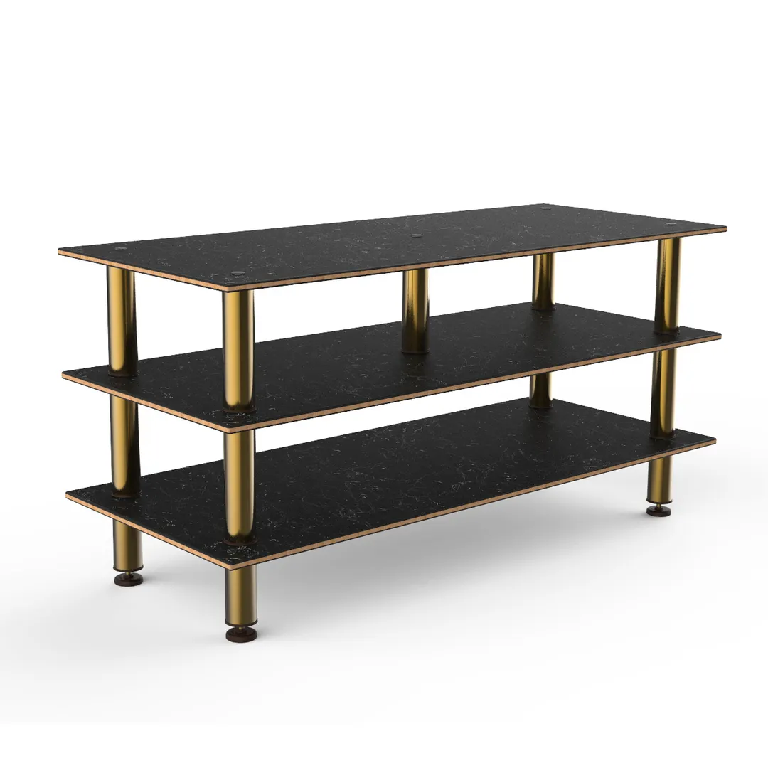 Steelite MGCMLB09MBXF 71" Buffet Table, 3-Tier, Nero Marquina BHP Laminate, Brushed Brass, 35"H