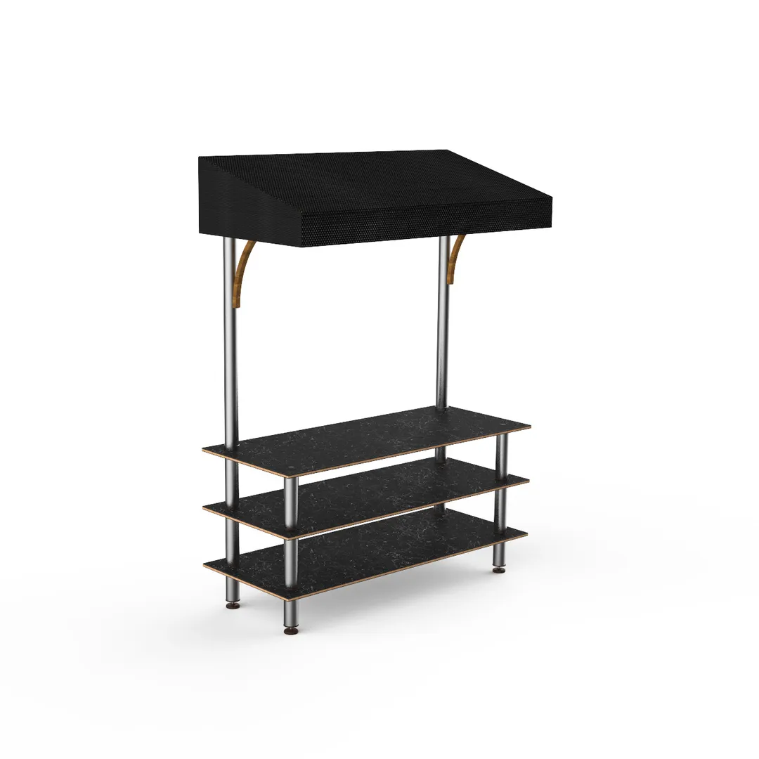 Steelite MGCMLB10MSBF 71" Modular Classic Buffet Table, 3-Tier, 96"H, Bengali Mango Wood Top, Black Canopy, Brushed Stainless Steel